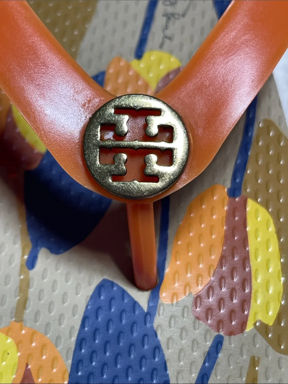 Tory Burch Orange Logo Flip Sandals with Multicolor Floral Footbed Size 8